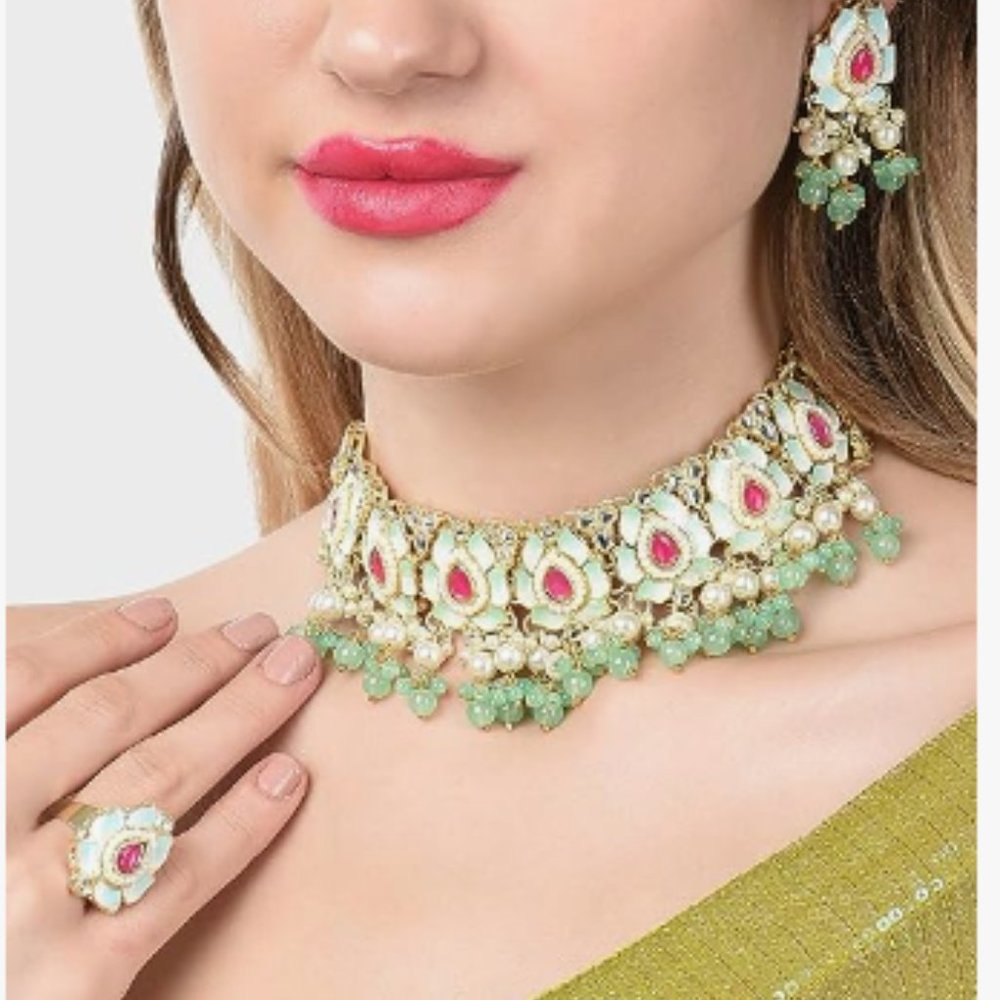 Pink & Green Lotus Design Meenakari Choker Necklace Earring & Ring Set